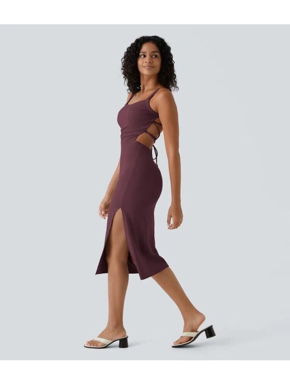 Halara Ruched Lace Up Bodycon Midi Casual Dress